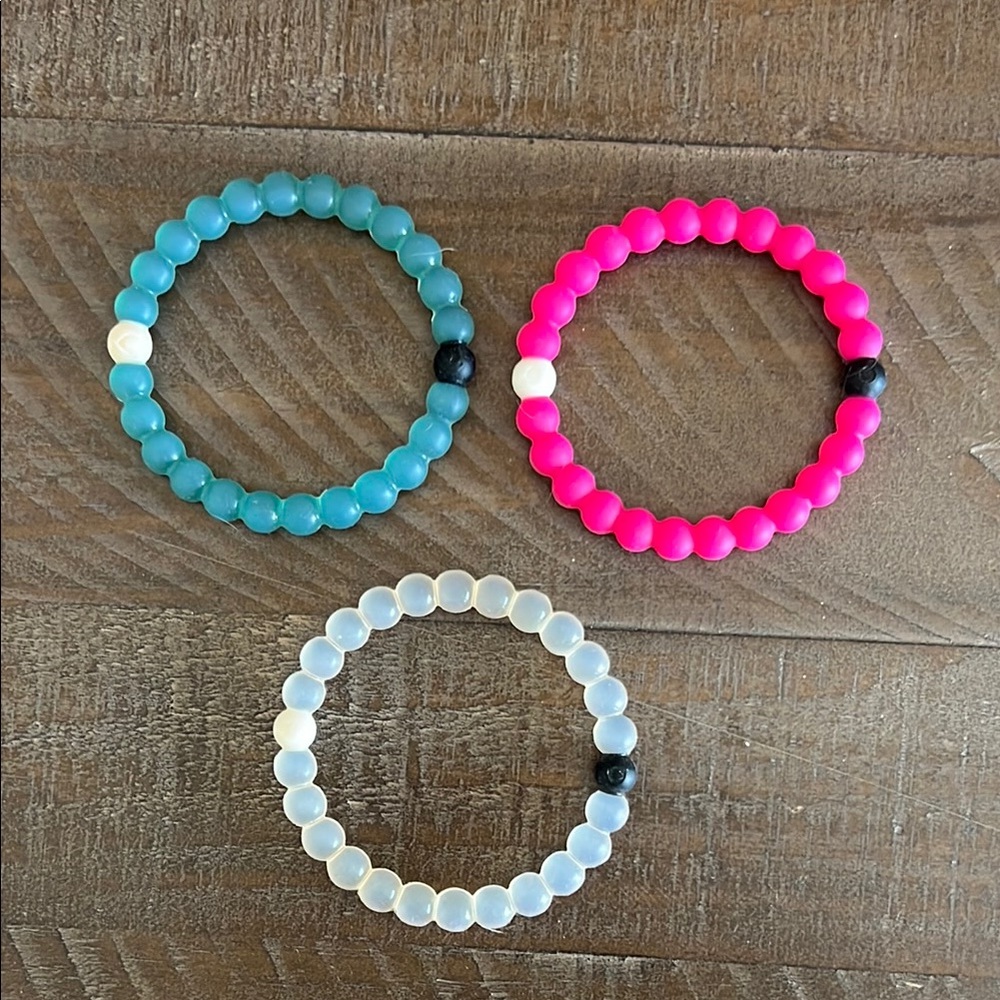 Set of Three Beaded Bracelets in Pink, Blue, and White
